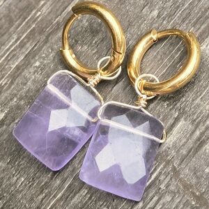 Natural Amethyst Square Rectangle Faceted Gold Huggie Hoop Earrings